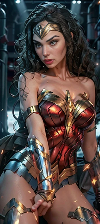 (Best quality)), ((master part)), ((realistic)), (detailed, photorealistic, ultra-detailed, Absurd), photo of a beautiful woman ( gal gadot, 18 years old, long hair, thin lips, eyes and detailed face, Huge breasts, sweating) wearing Wonder Woman swimsuit (lora:Wonder Woman:1.2),