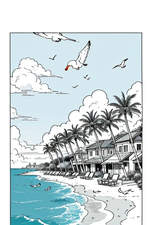 ((best quality)), ((masterpiece)), (detailed), Nice beach,Coconut trees bathed in sunlight,Seagulls flying in the sky