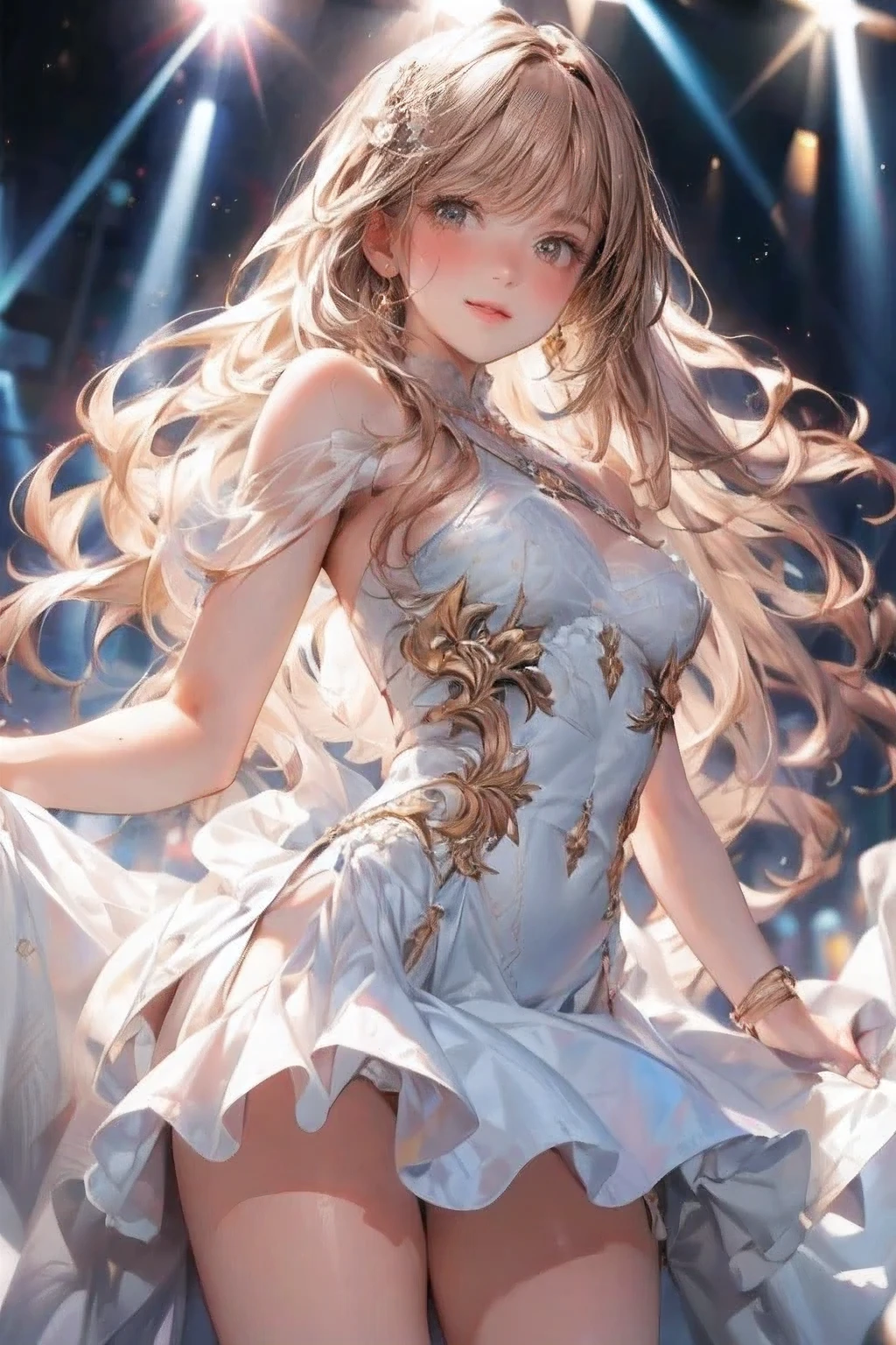masterpiece:1.2, highest quality, 16k, highres, ultra-realistic, photorealistic:1.37, beautiful detailed:1.2, cute girl, standing in Fashion show, fashion model Striking a pose while standing elegantly on the runway, beautiful delicate artistic avant-garde revealing dress, gently smile, beautiful delicate(hair, face, long eyelash, eyes, pupils, lips, knee, anklet, dress), sparkling eyes, shining rosy lips, blushed cheek, through bangs,