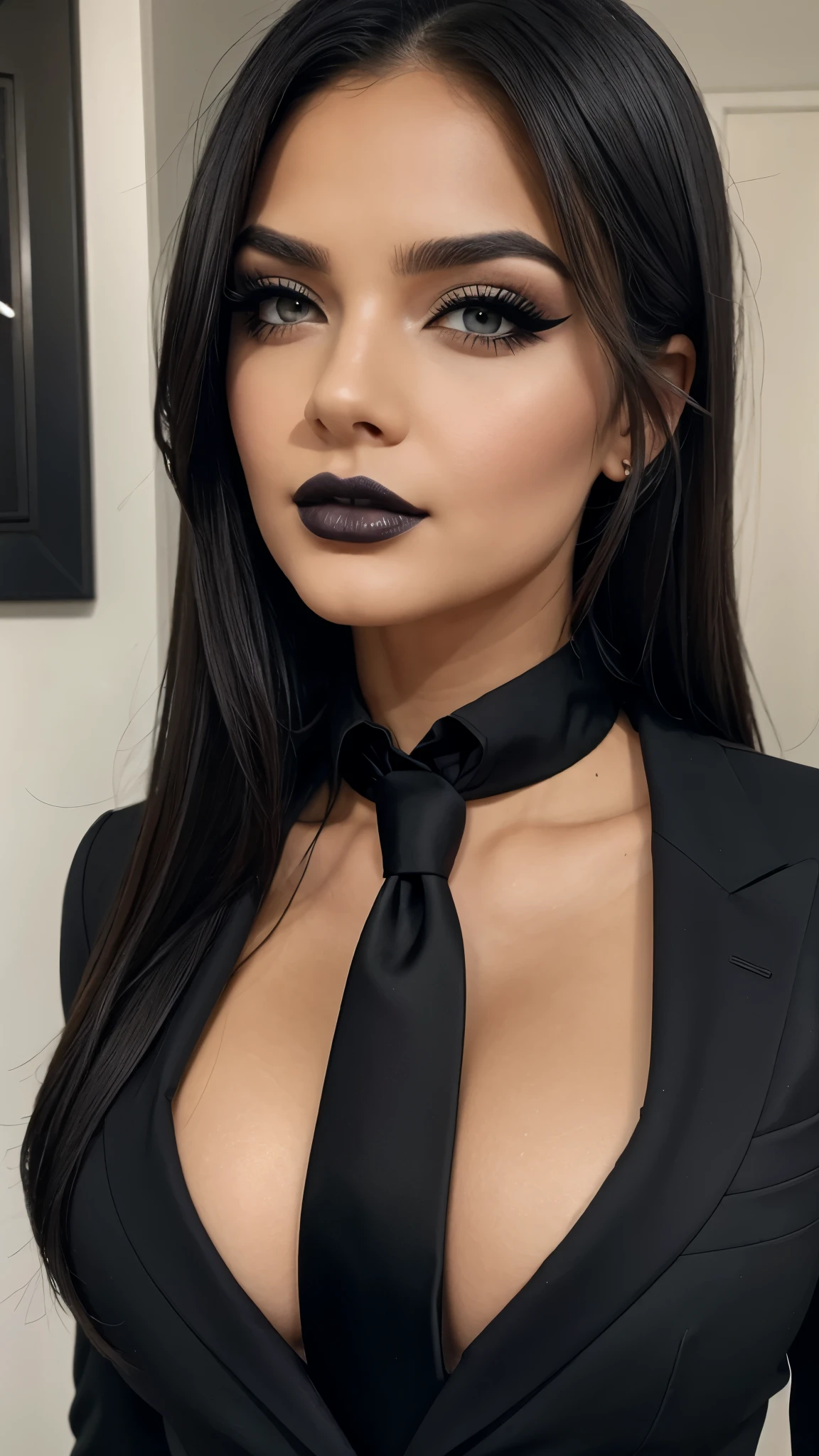 Very sexy girl, Alex Less, Detailed Lips, Detailed Eyes, detailed eyelashes, detailed face, black hair, seduction face, ((black make-up)), black, mid body shot, ((wearing suit)),(( red tie)), 