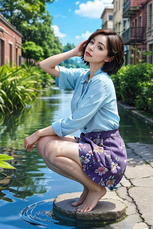 Perspective from the bottom,Realistic Style,masterpiece,need,One woman,Brunette color hair,Blush Lash,butterfly,hair ornaments,skirt,barefoot,Floral,hair ornamentsミドル胸,leaf,plant,waterたまり,Purple Eye,Short fine hair,Squat,Toes,water,Wet clothes, Blue Fashion, cloud, Cloudy, building, blue sky, Depth of written boundary, 38-year-old beauty,