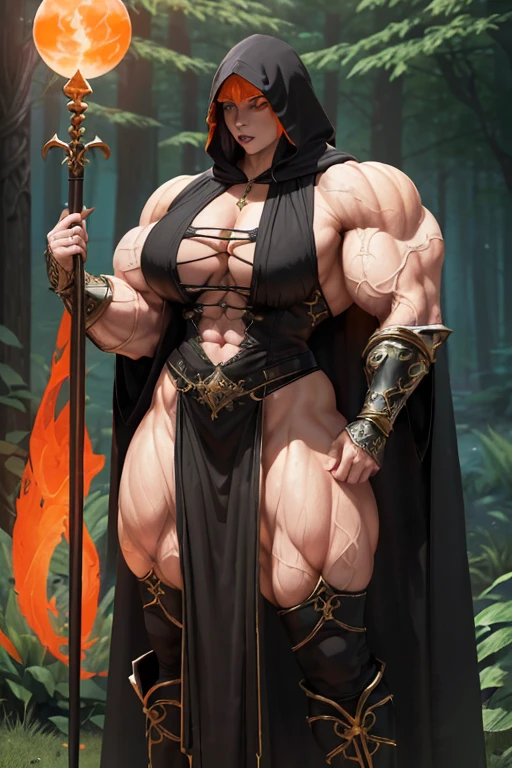 ((((Massive, tall, beautiful, buff, muscular pale white skinned woman mage with orange hair, black lipstick, ginormous bulky muscles, holding a earthly mage staff and wearing a beautiful hooded black enchanted robe with gothic armor and long beautiful skirt)))), ((close view)), massive muscles, massive biceps, hyper muscle shoulders, hyper muscle triceps, (long shaggy hair), green eyes, (wearing an extremely intricate robes, magical robes), gothic armor, mage boots, beautiful skirt, smirk, black gauntlets, (in a earthly Mystical forest), evening, Vascular arms, hyper vascular arm, hyper muscles arms, hyper muscle legs, massive arms.