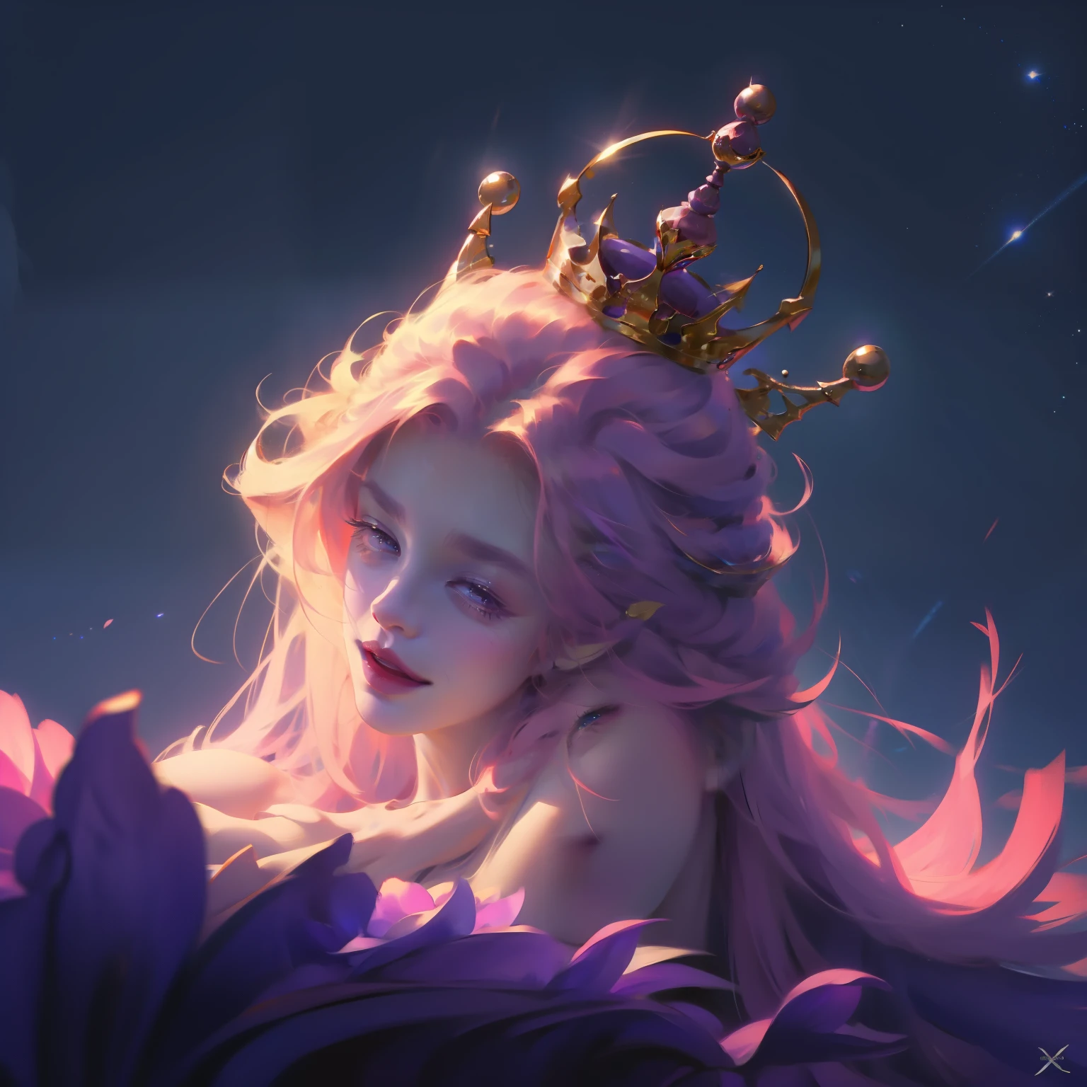 best quality, High_solve, clearly_image, Detailed background ,girl, Random wear,flower, Night Sky,Hook of Holland, Wide-angle lens,Shy laugh, crown,  