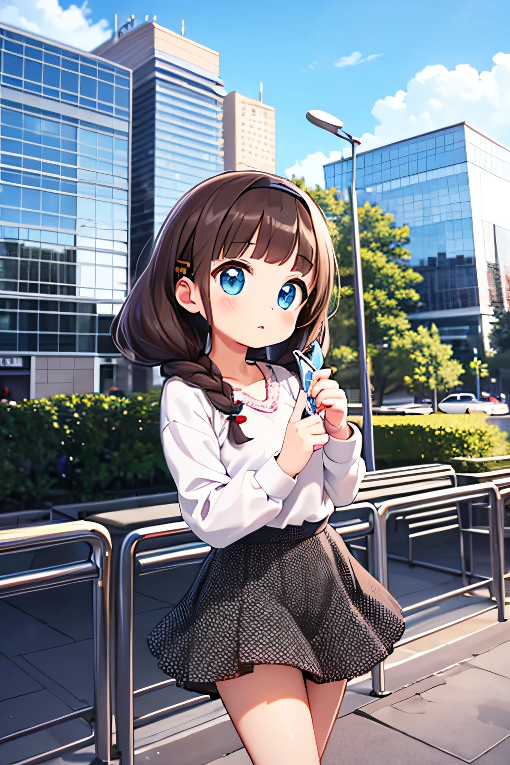 highest quality、High resolution、Detailed Background、(Beautiful face in every detail:1.4)、Anatomically correct、(Draw the usual number of fingers:1.2)、(Detailed facial expressions)、(Detailed eyes:1.2)、(Detailed eyes:1.2)、Teenage beauty、(Highly detailed face:1.4)、Brown Hair、Braided Ponytail、Braided Bob、Braided long hair、Wavy Hairstyle、well-groomed eyebrows、cute eye makeup、Cute Lip Makeup、cute gesture、Fit on one screen、Show the whole body、
(A beautiful girl with a big smile, with contemporary architecture and unique design buildings in the background:1.5)、
Pair a jumper skirt with a casual top、
Choose a striped T-shirt or a blouse with a cute print.、
Pair with casual shoes such as sneakers or loafers.、
You can also combine a jumper skirt with a blouse or knitwear with frills or lace to create a girly look.、Add some hair accessories and colorful socks to make your look even cuter.、
Jumper skirts can also give off a retro vibe.、
Pair it with a polka dot or checked blouse and add a headband or vintage-inspired accessories to complete the retro look.、
Contemporary architecture and unique design buildings、Very original and innovative design、
The building features curved shapes and innovative construction in steel and glass.、
The building features curved and angular shapes and modern materials such as glass and steel.、
The building features a glass facade and energy-efficient design.、
Walt Disney Concert Hall in California and the Guggenheim Museum Bilbao in Spain、Germany's Dresden State Art Museum and Austria's Vienna Zentralbahnhof、London City Hall in the UK and Berlin Central Station in Germany、cute