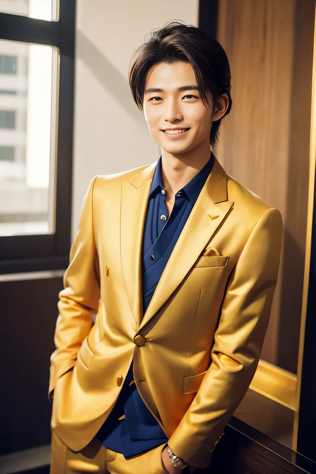 (highest quality、Best image quality、超A high resolution)、Japanese、Handsome man、30 years old、Happy young Japanese businessman president、Very attractive businessman, (((Golden suit:1.5)))、(((smartphone:1.5)))、masterpiece、Photo realistic、The background is blurred、Big smile、Latest stylish suits 、Medium Hair、Super cool、Twink、Soft skin and a nice perfect face、8k、Surreal、