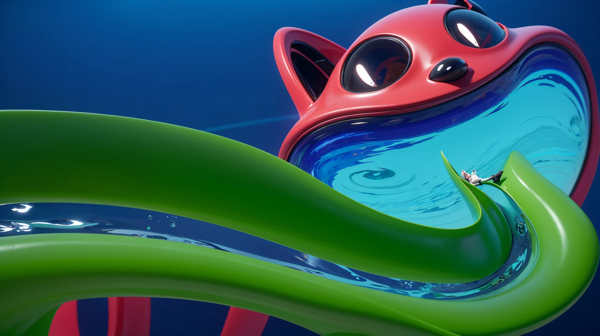 A pink cat character with a pool of water in his mouth lies on a blue platform and looks up at a green water park slide. The image depicts three houses made of fish tails, sitting on the ocean floor. The left house is green, the middle one is purple, and the right one is orange. 3d underwater world algae sand. The image depicts a 3D rendered illustration of a boy and a girl with their hands shaped in the shape of a heart. They are both smiling and have red hair. The background is blue. cartoon characters stand next to each other, Electricsbunny, Holographic creatures, Beeple and Jeremiah Ketner, 🐋 as 🐘 as 🤖 as 👽 as 🐳, matte, Rabbids, cute 3D rendering, 3D icon for mobile game, robot rabbit, Shiny metallic, 3D персонажи violet cat toy, toy cat laying on glossy , glossy texture, smooth 3d model, multiple light sources, rim light, sharp post effects render, (glossy big light probe refractions), perfect cgi, cgi art created only with gradients, smooth silhouette, high intensity refraction, (metalic), most beautiful vfx, blue background