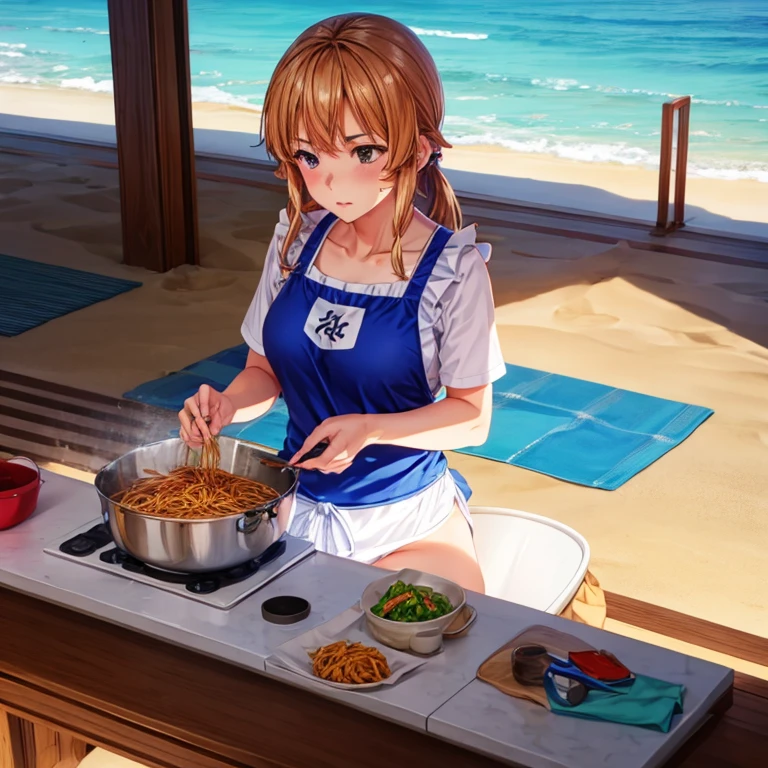 Girls making yakisoba at the beach house Swimsuit and apron