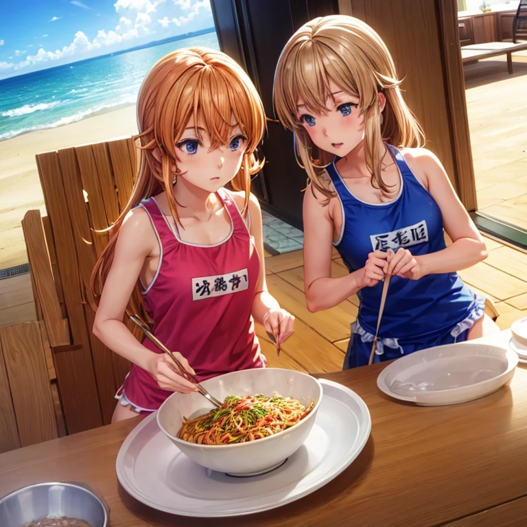 Girls making yakisoba at the beach house Swimsuit and apron