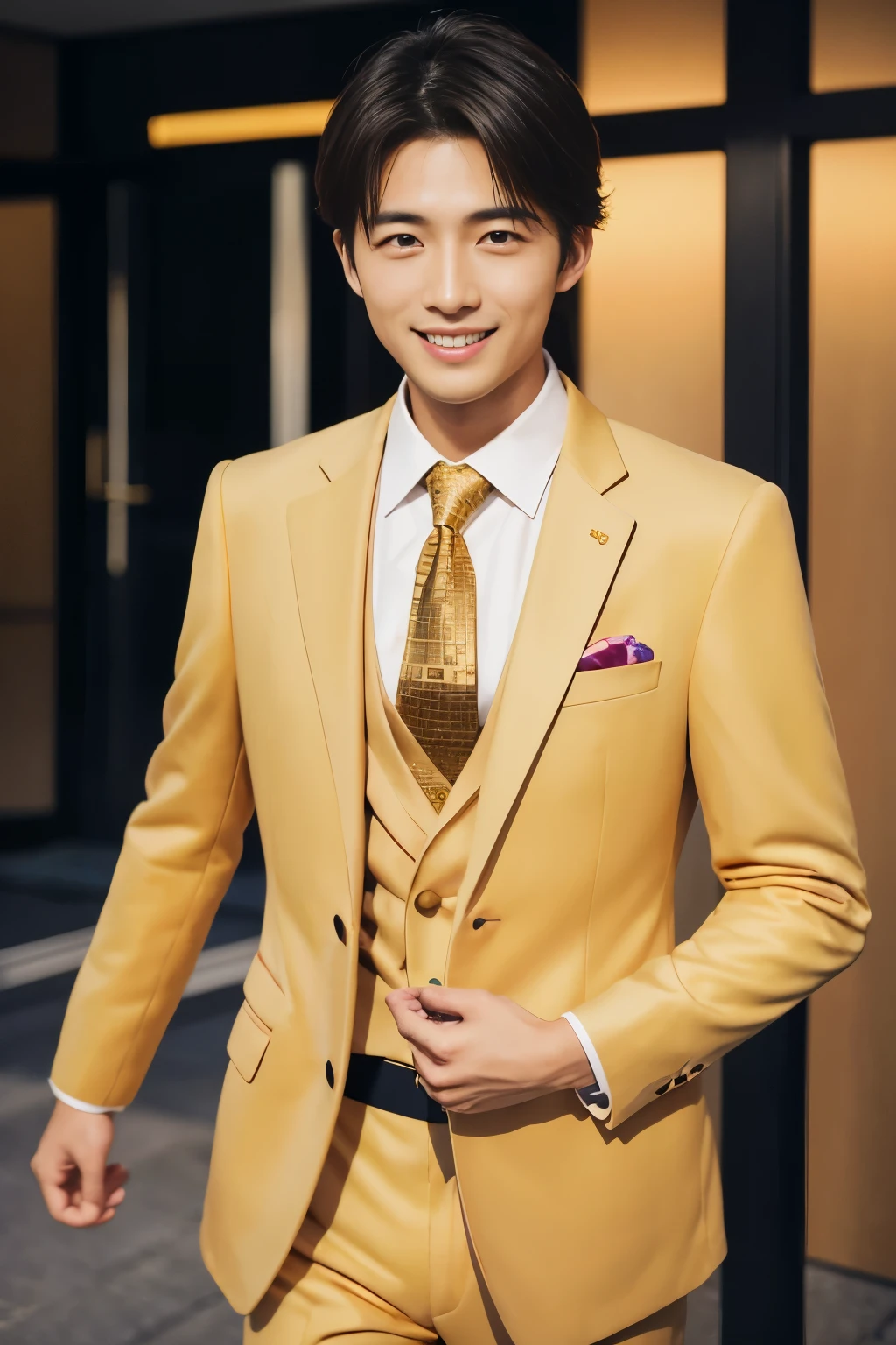 (highest quality、Best image quality、超A high resolution)、Japanese、Handsome man、30 years old、Happy young Japanese businessman president、Very attractive businessman, (((Golden suit:1.5)))、(((smartphone:1.5)))、masterpiece、Photo realistic、The background is blurred、Big smile、Latest stylish suits 、Medium Hair、Super cool、Twink、Soft skin and a nice perfect face、8k、Surreal、