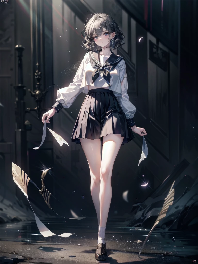 absurdres, RAW photo, extremely delicate and beautiful, masterpiece, Best Quality, ultra high resolution, 32k, hyperrealistic, ultra-detailed, detailed description, pale skin, 20 years old, tearful mole, earring, Colossal tits, short medium hair, wavy hair, full body shot, sailor uniform, school_uniform,