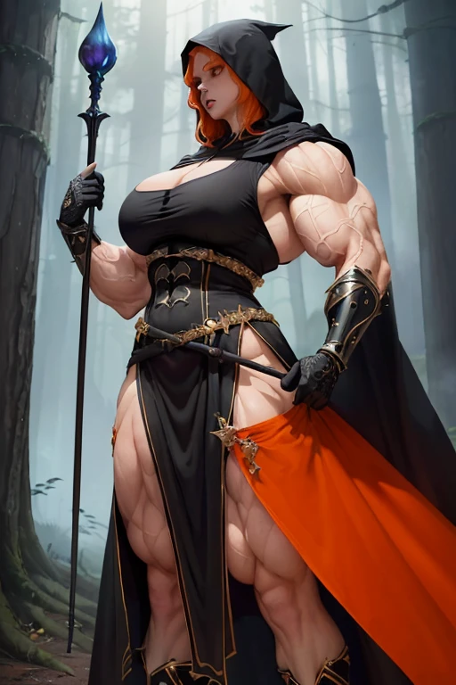 ((((Massive, tall, beautiful, buff, muscular pale white skinned woman mage with orange hair, black lipstick, ginormous bulky muscles, holding a earthly mage staff and wearing a beautiful hooded black enchanted robe with gothic armor and long beautiful skirt)))), (close view), massive muscles, massive biceps, hyper muscle shoulders, hyper muscle triceps, (long shaggy hair), green eyes, (wearing an extremely intricate robes, magical robes), gothic armor, mage boots, beautiful skirt, smirk, black gauntlets, (in a earthly Mystical forest), evening, Vascular arms, hyper vascular arm, hyper muscles arms, hyper muscle legs, massive arms.