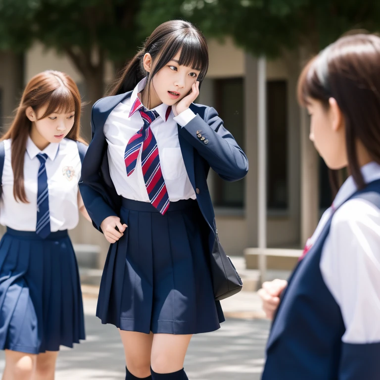 Two high school girls fighting over one guy.。The two women are wearing uniforms..。The man is staring at the schoolgirls。The man is wearing a uniform and looks nervous...。The location is in the school hallway.。