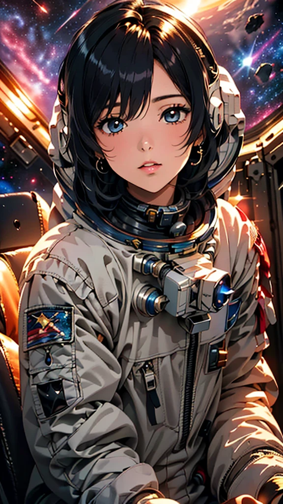 (best quality, masterpiece, colorful, dynamic angle, highest detailed) fashion photography of cute astronaut girl with long iridiscent colorful hair, in space (intricate details, hyperdetailed:1.15), detailed, sunlight passing through hair, (beautiful galaxy background), (official space art, extreme detailed, highest detailed), HDR+