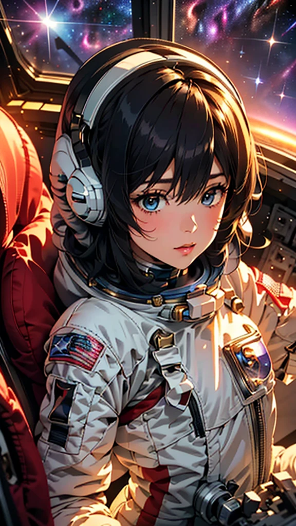 (best quality, masterpiece, colorful, dynamic angle, highest detailed) fashion photography of cute astronaut girl with long iridiscent colorful hair, in space (intricate details, hyperdetailed:1.15), detailed, sunlight passing through hair, (beautiful galaxy background), (official space art, extreme detailed, highest detailed), HDR+