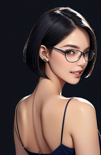 (masterpiece), (8k, best quality, high resolution), (ultra-detailed, realistic), (anatomically correct),  
((Portrait)), (Standing), (((looking back))), (No background),
(1woman),  (looking at viewer), (show your back), 
(A Japanese woman, 30 years old and 155cm tall.), 
(black hair), (straight hair), (short hair style), (bob cut), (hair behind ears), 
(wear glasses), ((black cell frame glasses)), 
((Wear a navy blue spaghetti strap dress)),((Mini length dress with a simple design and minimal decoration)),  
(Create a detailed image of the eye), 
(Her impression is pure, clean and kind.), 
((A captivating smile, just showing a few teeth.)), 　 
