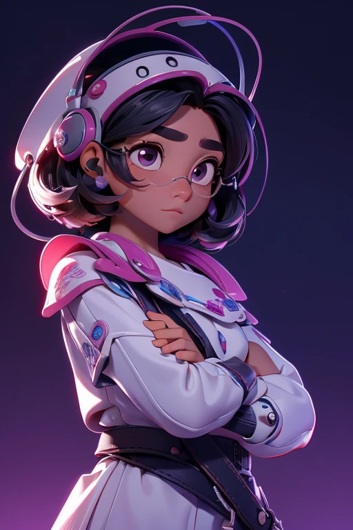 Estilo 3DMM, (obra maestra, mejor calidad, mejor calidad, Arte Oficial, Friendly and aesthetic: 1.2), (Arte Fractal: 1.3), mujer, puede, alto detallado, cabello morado con un toque de rosa, ojos rosados, dark lighting, cara seria, mirando al cielo, cielo, tiro medio, ropa de ciencia ficcion, design futurista, cables, detalles, sci-fi helmet