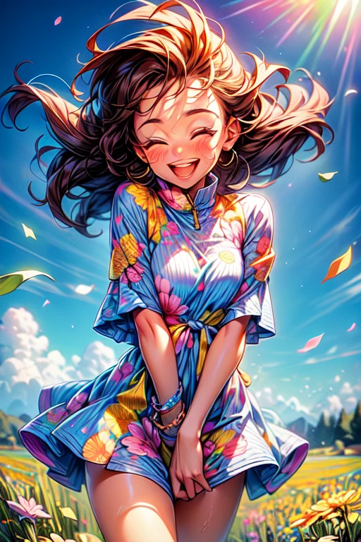 agregar_detalle:1, La mejor calidad, hermoso brillo detallado, ambient-occlusion, Luz ambiental, Reflejos trazados por rayos, Aura brillante, una feliz, Smiling 18-year-old brown-skinned girl running across the prairie on a sunny day with the wind blowing, Short two-part dress with warm colored floral motifs and colorful flying flowers found throughout the meadow, muy colorido.