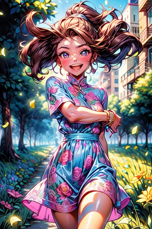 agregar_detalle:1, La mejor calidad, hermoso brillo detallado, ambient-occlusion, Luz ambiental, Reflejos trazados por rayos, Aura brillante, una feliz, Smiling 18-year-old brown-skinned girl running across the prairie on a sunny day with the wind blowing, Short two-part dress with warm colored floral motifs and colorful flying flowers found throughout the meadow, muy colorido.