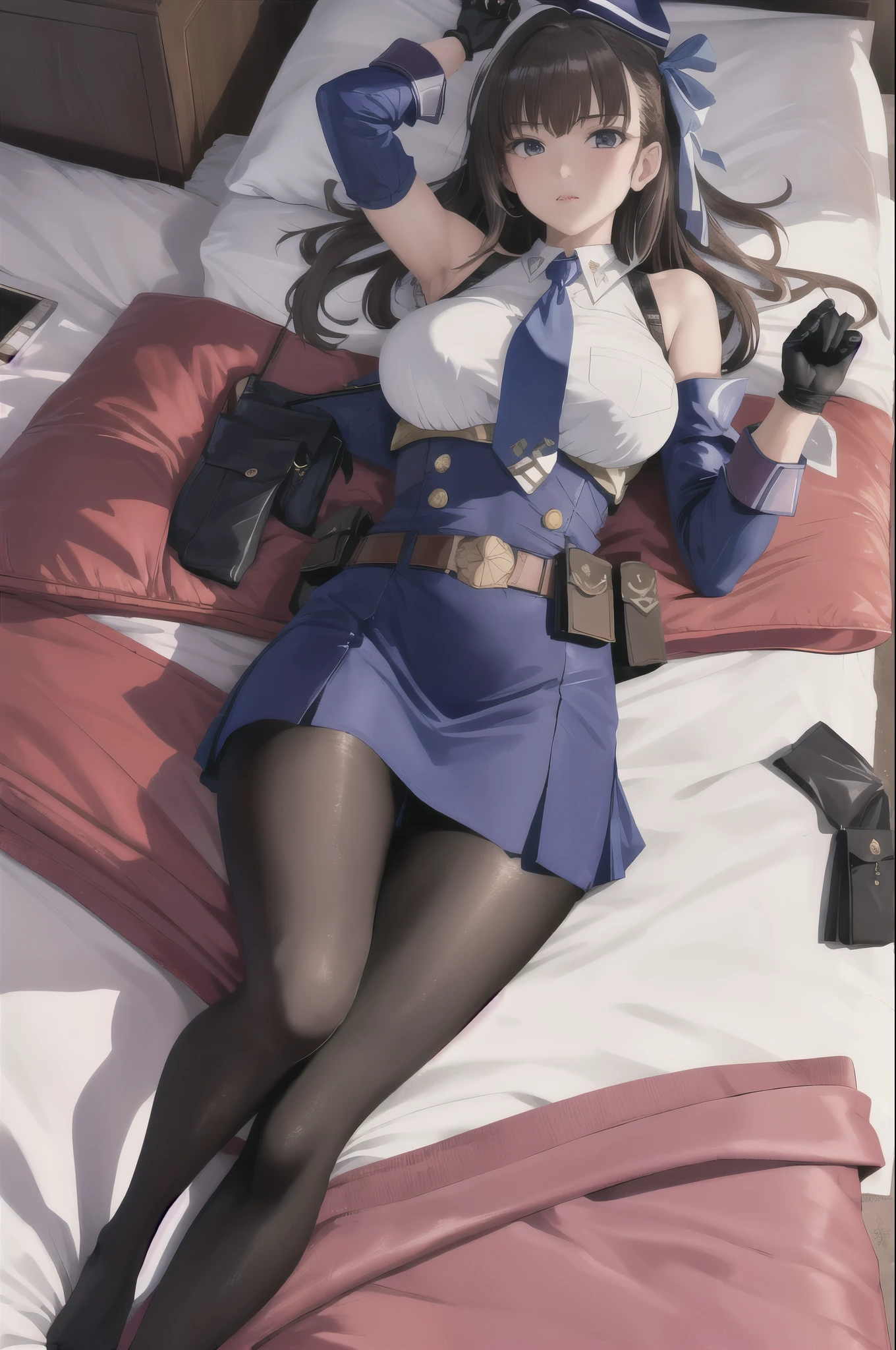 masterpiece, best quality, 1girl, solo, on back, marian, shirt, necktie, hat, hair ribbon, gloves, belt, skirt, detached sleeves, pantyhose, bed, pouch