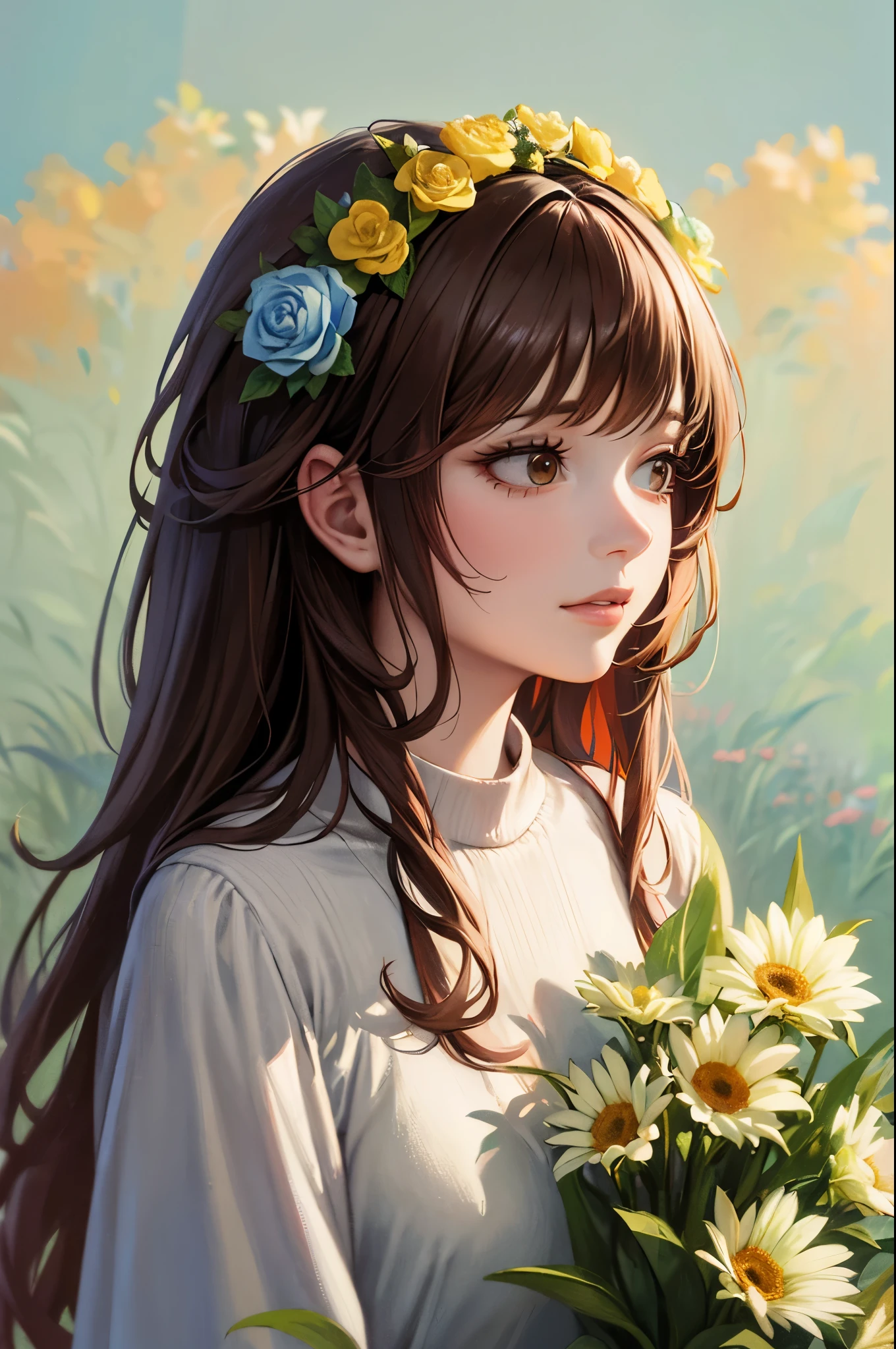 A woman with flowers on her head is an acrylic painting., Lucy Glenning style, Tony DiTerlizzi, Organic and natural composition, Floral Explosion, Ferris Pick, Light orange and brown, Calm face --ar 3:4 -