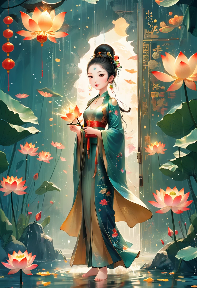 1girl, Flat illustration style, showing the characteristics of beach New Year pictures. Pattern shuttle, lotus stand. The door god, the fairy gathered, the image is bright. Rich colors, exquisite details. Flashing light and shadow, expressing struggle and hope, 1cgrssh1