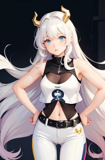 (masterpiece, best quality, night:1.4), 1girl, long white hair, blue eyes, gold unicorn horn, white tank top, white leather pants, white sneakers, Tokiyo background, neon lights, hands on hips, 