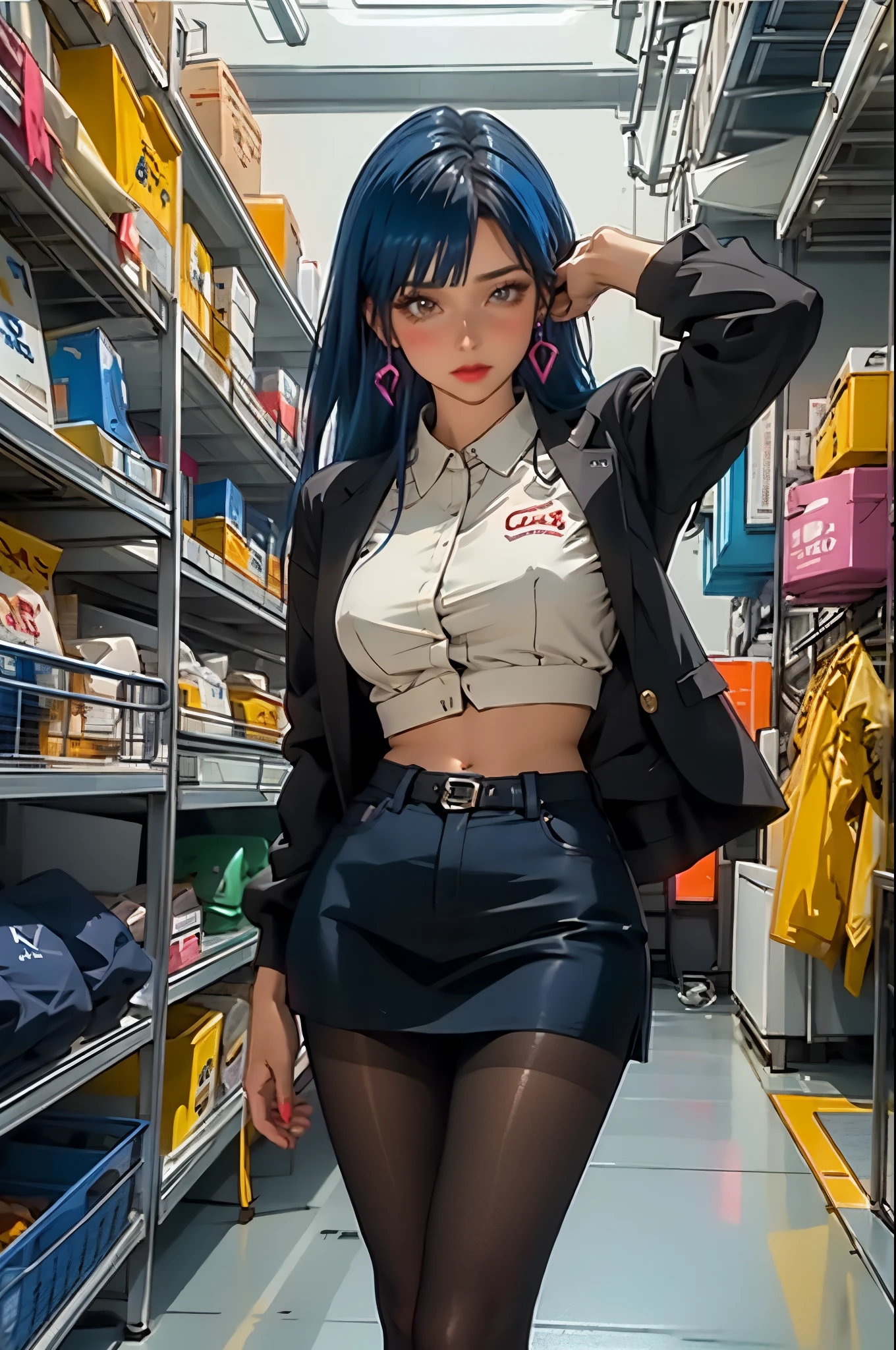 Uma mulher linda, sexy, sensual, dressed in soft pantyhose, saia, blusinha curta mostrando a barriga. cor da roupa branco e dourado, your aura is neon blue, olhos azuis neon