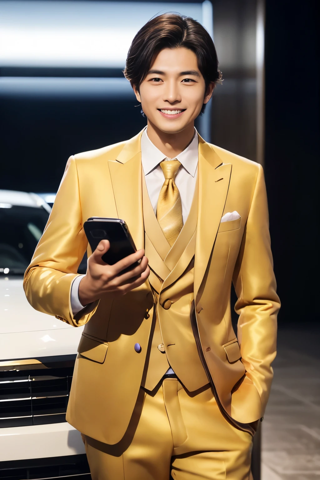 (highest quality、Best image quality、超A high resolution)、Japanese、Handsome man、30 years old、Happy young Japanese businessman president、Very attractive businessman, (((Golden suit:1.5)))、(((I have a smartphone in my hand:1.5)))、masterpiece、Photo realistic、The background is blurred、Big smile、Latest stylish suits 、Medium Hair、Super cool、Twink、Soft skin and a nice perfect face、8k、Surreal、
