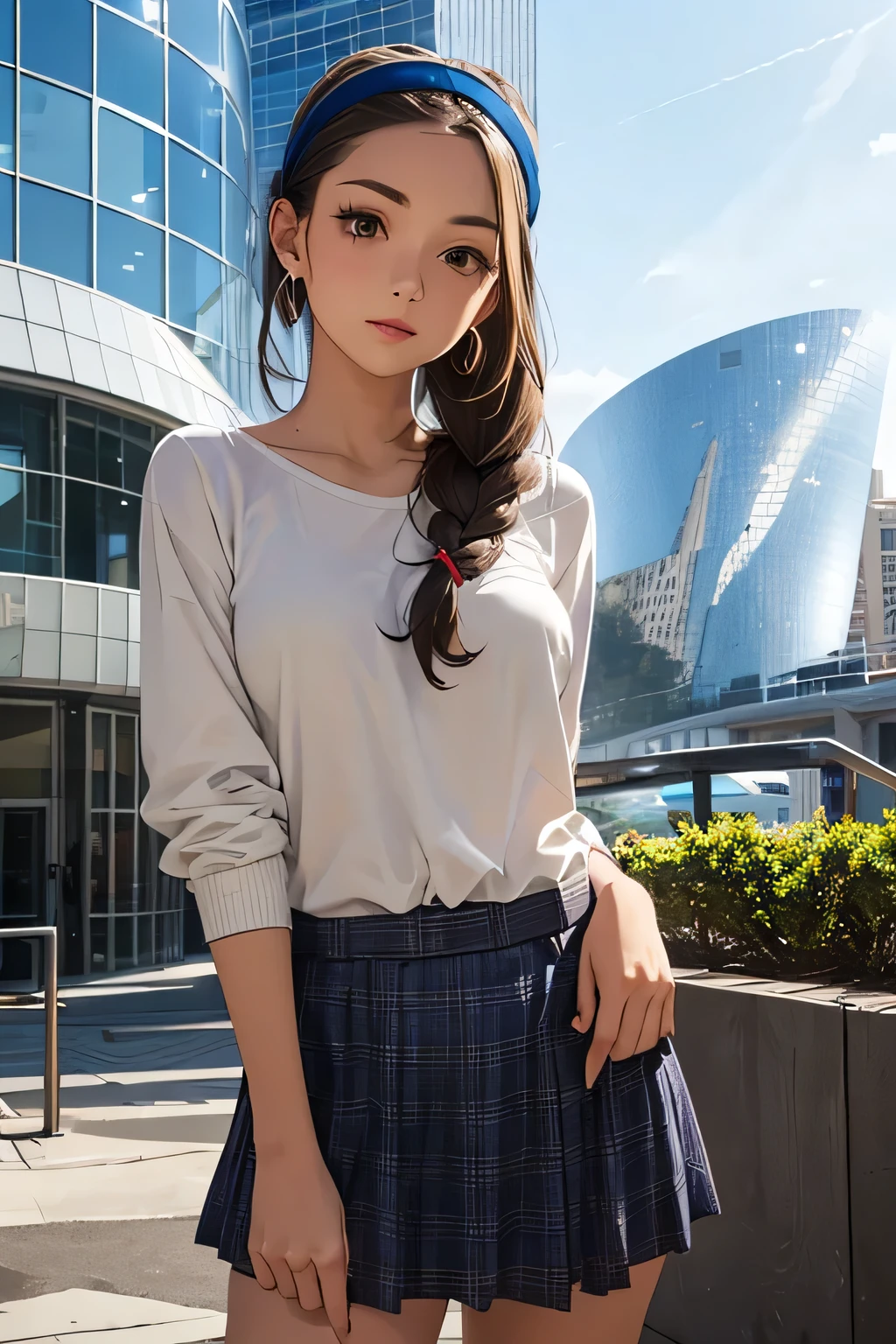 highest quality、High resolution、Detailed Background、(Beautiful face in every detail:1.4)、Anatomically correct、(Draw the usual number of fingers:1.2)、(Detailed facial expressions)、(Detailed eyes:1.2)、(Detailed eyes:1.2)、age beauty、(Highly detailed face:1.4)、Brown Hair、Braided Ponytail、Braided Bob、Braided long hair、Wavy Hairstyle、well-groomed eyebrows、cute eye makeup、Cute Lip Makeup、cute gesture、Fit on one screen、Show the whole body、
(A beautiful girl with a big smile, with contemporary architecture and unique design buildings in the background:1.5)、
Pair a jumper skirt with a casual top、
Choose a striped T-shirt or a blouse with a cute print.、
Pair with casual shoes such as sneakers or loafers.、
You can also combine a jumper skirt with a blouse or knitwear with frills or lace to create a girly look.、Add some hair accessories and colorful socks to make your look even cuter.、
Jumper skirts can also give off a retro vibe.、
Pair it with a polka dot or checked blouse and add a headband or vintage-inspired accessories to complete the retro look.、
Contemporary architecture and unique design buildings、Very original and innovative design、
The building features curved shapes and innovative construction in steel and glass.、
The building features curved and angular shapes and modern materials such as glass and steel.、
The building features a glass facade and energy-efficient design.、
Walt Disney Concert Hall in California and the Guggenheim Museum Bilbao in Spain、Germany's Dresden State Art Museum and Austria's Vienna Zentralbahnhof、London City Hall in the UK and Berlin Central Station in Germany、cute