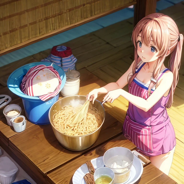 Girls with towels wrapped around their heads making yakisoba at a beach hut　Swimsuit and apron