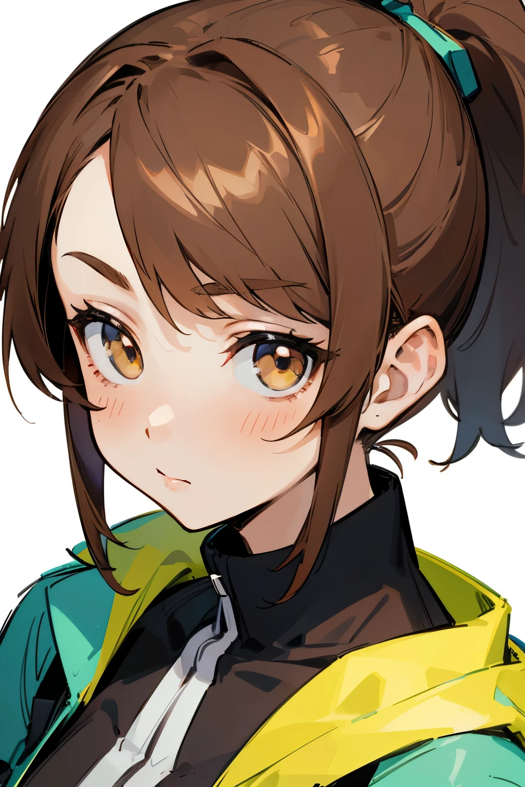A portrait of a anime girl, with ponytail brown hair, show ears, with left hand on cheek