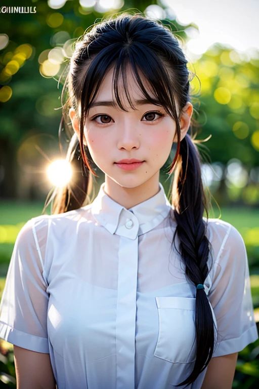 white skin,symmetrical,High detail RAW color photo professional close photograph, (highly detail face: 1.2),  twintails, half body, pore, real human skin, a portrait of a 18yo woman run in garden and ripple around, reeds,clear and clean water, shiny eyes,looking at viewer, wearing doctor uniforms, see-through , wet body, wet hair, tindal effect,lens flare,shade, bloom, backlighting, depth of field, natural lighting, hard focus, film grain, photographed with a Sony a9 II Mirrorless Camera, by Laurence Demais,
 (pureerosface_v1:0.4), (ulzzang-6500:0.4), 