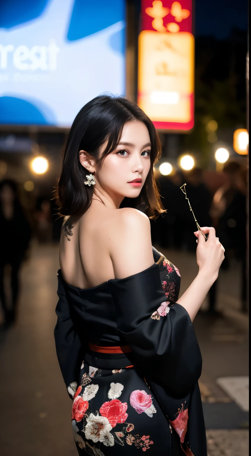 masterpiece, highest quality, highest quality, Official Art, beautifully、aesthetic:1.2),1 girl, tattoo, alone, kimono, red and black kimono, hair ornaments, unsheathing, Black Hair, sheath, back tattoo, dragon tattoo, blue eyes, Off the shoulder, Exposing shoulders, Looking Back, From behind, flower, Looking at the audience, Holding, compensate, Outdoor,Alley at midnight、Spotlight、