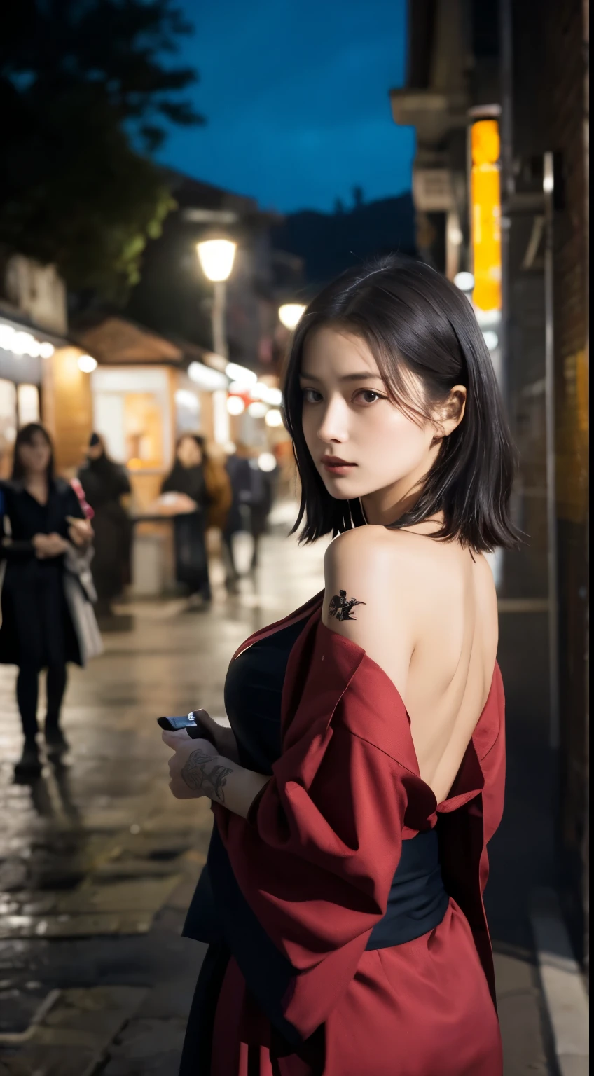 masterpiece, highest quality, highest quality, Official Art, beautifully、aesthetic:1.2),1 girl, tattoo, alone, kimono, red and black kimono, hair ornaments, unsheathing, Black Hair, sheath, back tattoo, dragon tattoo, blue eyes, Off the shoulder, Exposing shoulders, Looking Back, From behind, flower, Looking at the audience, Holding, compensate, Outdoor,Alley at midnight、Spotlight、