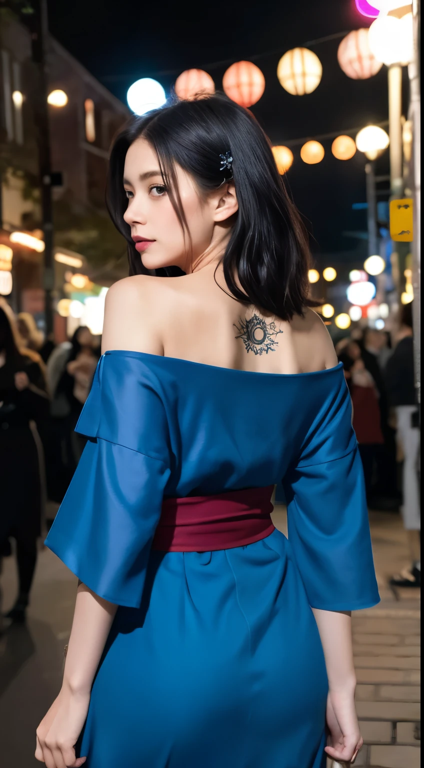 masterpiece, highest quality, highest quality, Official Art, beautifully、aesthetic:1.2),1 girl, tattoo, alone, kimono, red and black kimono, hair ornaments, unsheathing, Black Hair, sheath, back tattoo, dragon tattoo, blue eyes, Off the shoulder, Exposing shoulders, Looking Back, From behind, flower, Looking at the audience, Holding, compensate, Outdoor,Alley at midnight、Spotlight、