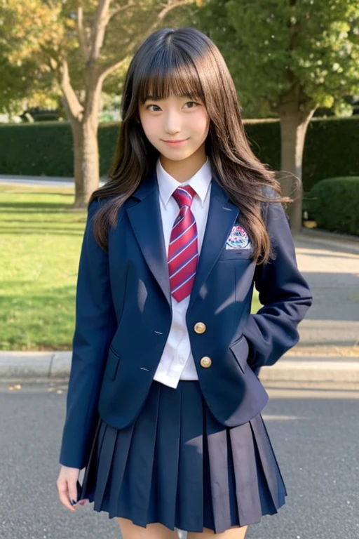 Beautiful Japanese high school sophomore, 　height: 160cm 、82、58、82 　ＤShapely breasts with cups　Small face　Fair skin　Shiny chestnut medium-long hair　Chic navy blue blazer、On a white blouse、Grade Pleated Skirt、Red ribbon tie、White loose socks、Full-body image of a person in uniform wearing black loafers