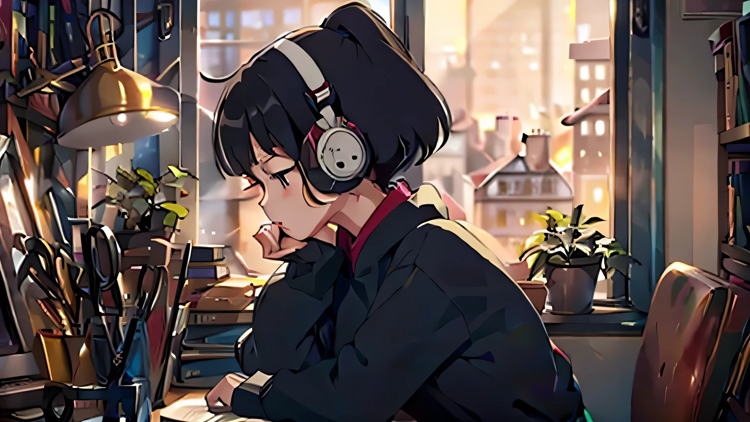 (best quality:0.8),(best quality:0.8),an exquisite anime illustration,high resolution,a black-haired girl wearing a black hoodie,side view,relaxed,engaged in work,focused,daily life,inside a room