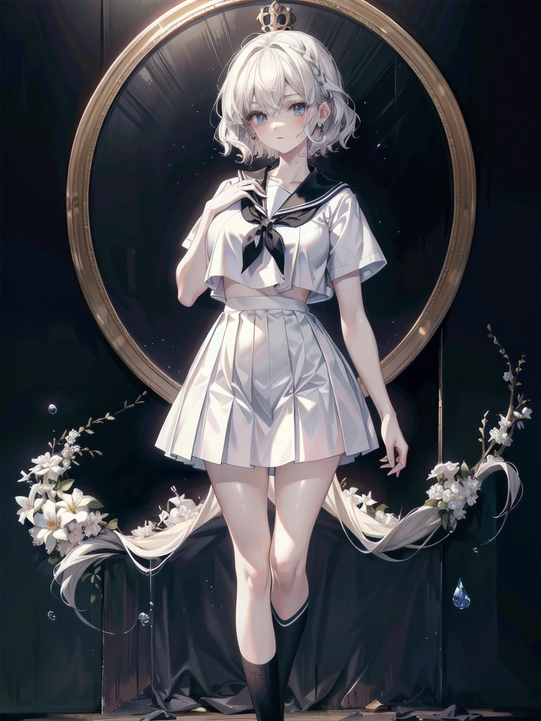 absurdres, RAW photo, extremely delicate and beautiful, masterpiece, Best Quality, ultra high resolution, 32k, hyperrealistic, ultra-detailed, detailed description, pale skin, 20 years old, tearful mole, earring, Colossal tits, short medium hair, wavy hair, full body shot, sailor uniform, school_uniform,