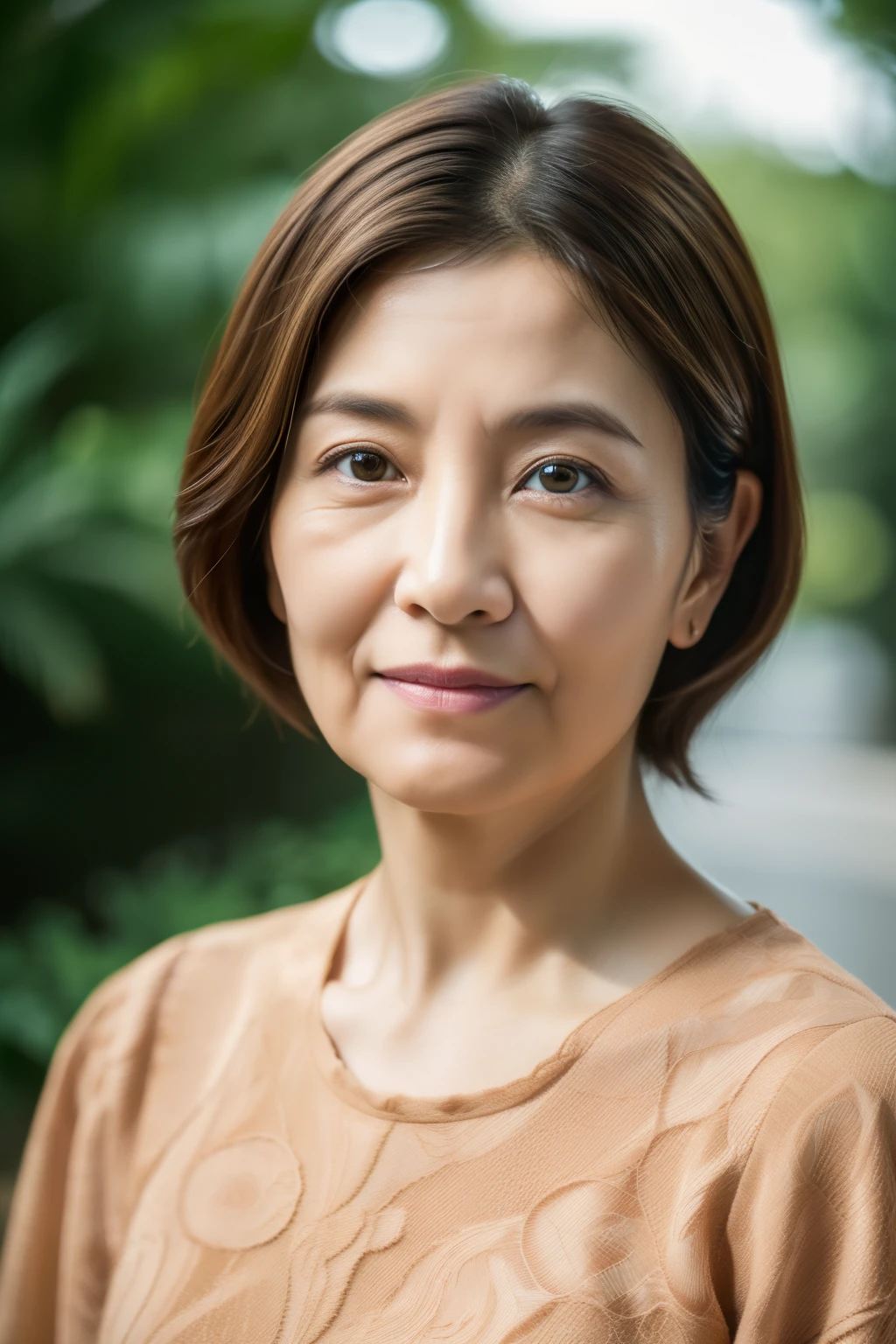 ((Best quality, 8K, Masterpiece :1.3)), A meticulously crafted and macro photograph of a radiantly beautiful and wise-looking middle-aged Asian lady's face. The image was skillfully captured using a Sony A7r camera, equipped with the FE 50mm - F 2.8 GM lens: 1.3, Ultra-high definition, Detailed face, Beautiful eyes with wrinkles of wisdom, Highly textured skin, Professionally lit, Depth of field, Meticulously focused, ((One beautiful woman)), 50 years old.