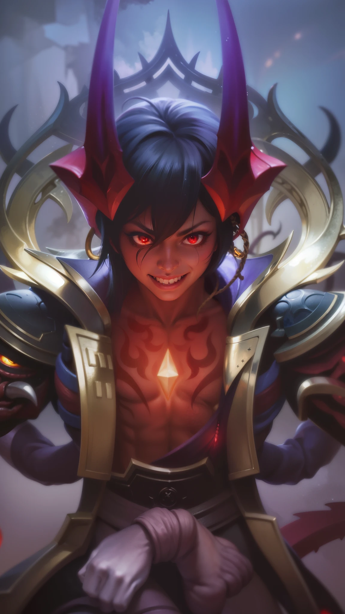 a close up of a person with a demonic face and a sword, Masterpiece, ultra HD, detailed all picture, a close up of a devil, dyrroth from mobile legend, evil, extremely detailed artgerm, mobile legends character, inspired by Dyrroth, Six pack chest and abs, yellow jewel above the chest, light red eyes, glare.