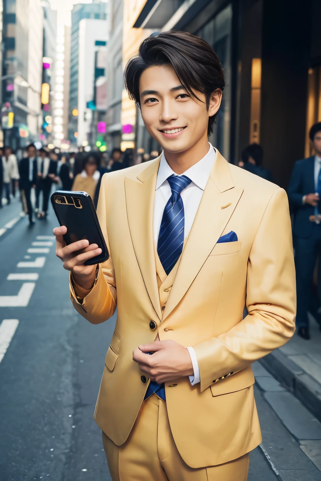 (highest quality、Best image quality、超A high resolution)、Japanese、Handsome man、30 years old、Happy young Japanese businessman president、Very attractive businessman, (((Golden suit:1.5)))、(((I have a small smartphone in my hand:1.5)))、masterpiece、Photo realistic、The background is blurred、Big smile、Latest stylish suits 、Medium Hair、Super cool、Twink、Soft skin and a nice perfect face、8k、Surreal、