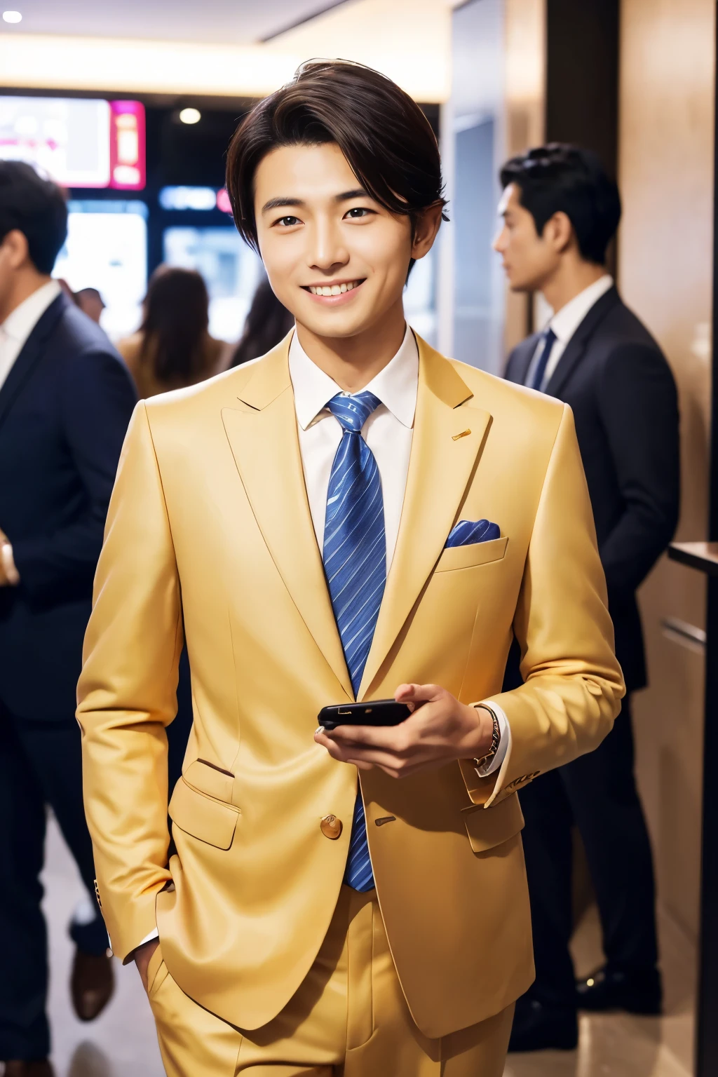 (highest quality、Best image quality、超A high resolution)、Japanese、Handsome man、30 years old、Happy young Japanese businessman president、Very attractive businessman, (((Golden suit:1.5)))、(((I have a small smartphone in my hand:1.5)))、masterpiece、Photo realistic、The background is blurred、Big smile、Latest stylish suits 、Medium Hair、Super cool、Twink、Soft skin and a nice perfect face、8k、Surreal、