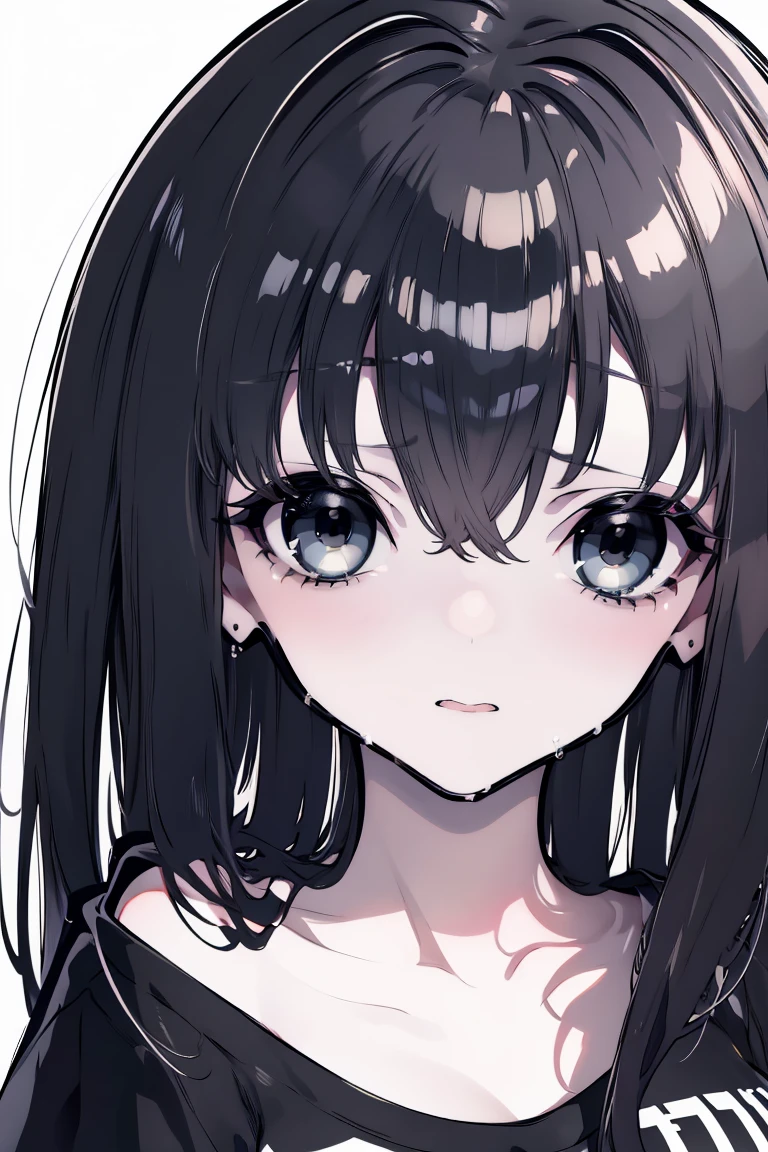  ((background))), (portrait), (masterpiece,) Best quality, ultra quality, young woman, pale skin, completely black eyes, short bangs, long black hair, White T-shirt, big breasts, black shorts,black sneakers, embarrassed, crying.