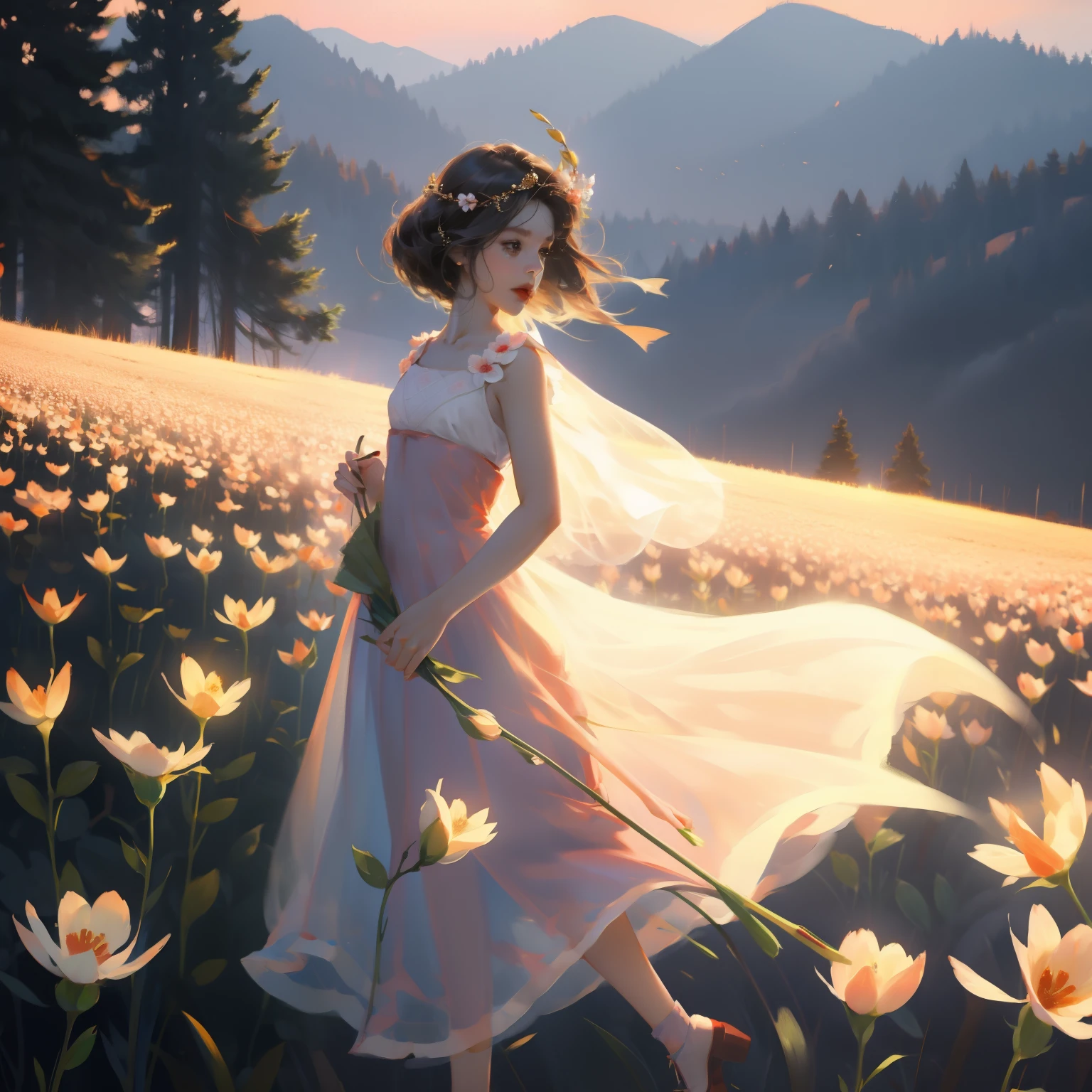 There is a little girl in a red and white dress holding a bouquet of flowers, Girl in the flowers, picking flowers, Flowers in hand, Pick a flower, 站在Girl in the flower field, 站在Girl in the flower field, Flowers on cheeks, Girl in the flower field, Girl in the flower field肖像, Girl walking in the forest, Girl with a wreath