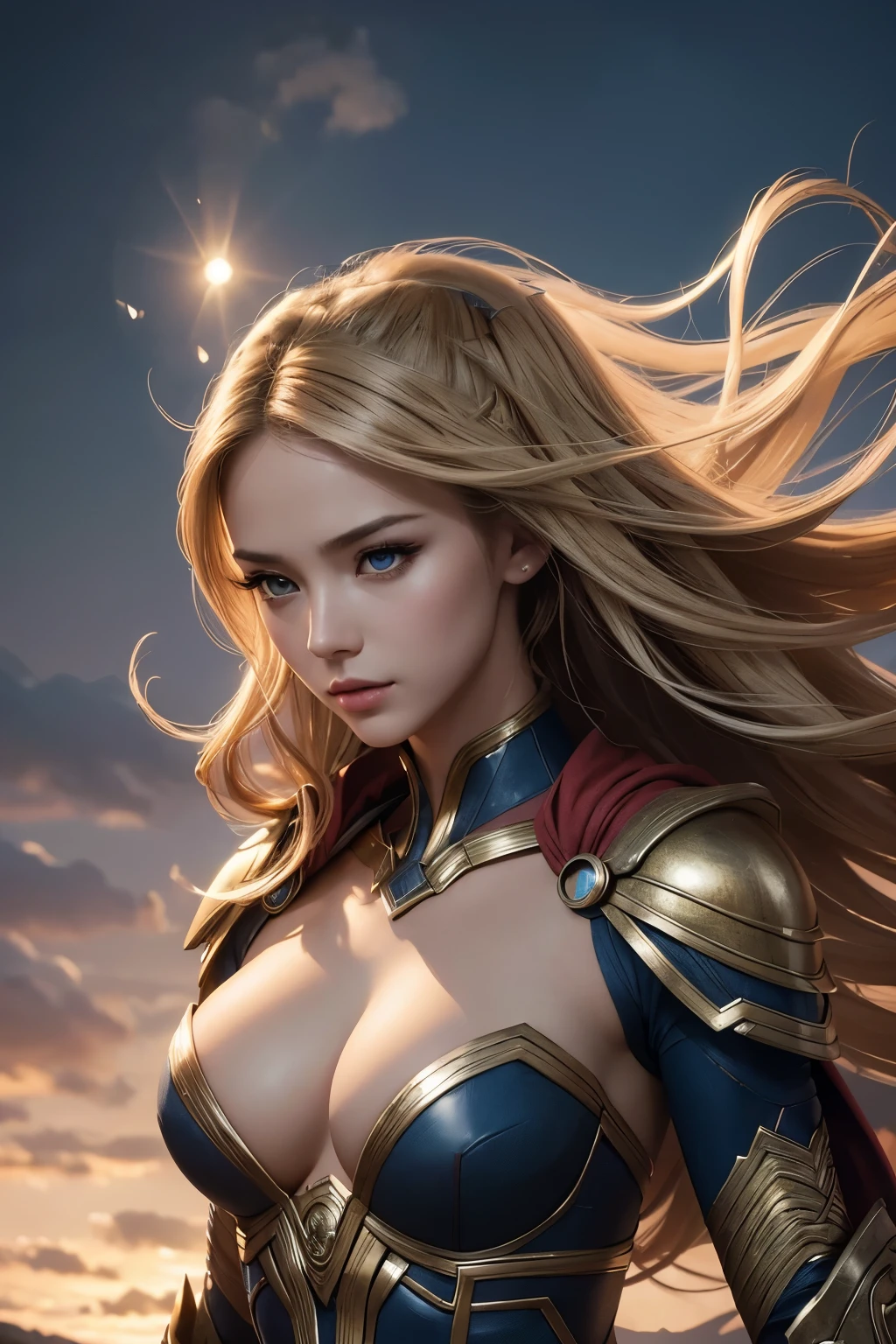 8K,Supergirl,Blonde,Super Beauty(Like the real thing),masterpiece,Photorealistic RAW photos of the highest quality。Bright colors,Rich colors, Backlight, Cinema Lighting, Film Grain, to be born, 50mm lens, Nikon D850,Realistic Skin,Fantasy art,Character Art,Ultra-high resolution,Surreal,A wonderful work of art、((Kyoto Panel Style))、Wind effects:1.9、Cloud Effect:1.2、Full Rendering、Beautiful armor patterns and decorations,Surreal,Armor details,Professional quality high resolution、Perfect contrast、Perfect lighting、Perfect composition、Perfect Skin、Perfect Fingers、Perfect breasts、Perfect Hair、Perfect Face、Realistic facial features,super highest quality,Slim figure,Perfect body line,Perfect hand shape,Anatomical body balance,Highly detailed face,Highly detailed eyes,Beautiful Lips,Excellent light particles,Cinema Lighting,Makeup,Ultra-high resolution,超Realistic Skin,Sexy woman closeup,Dynamic pose,Hard and strong abs,Makeup,landscape,