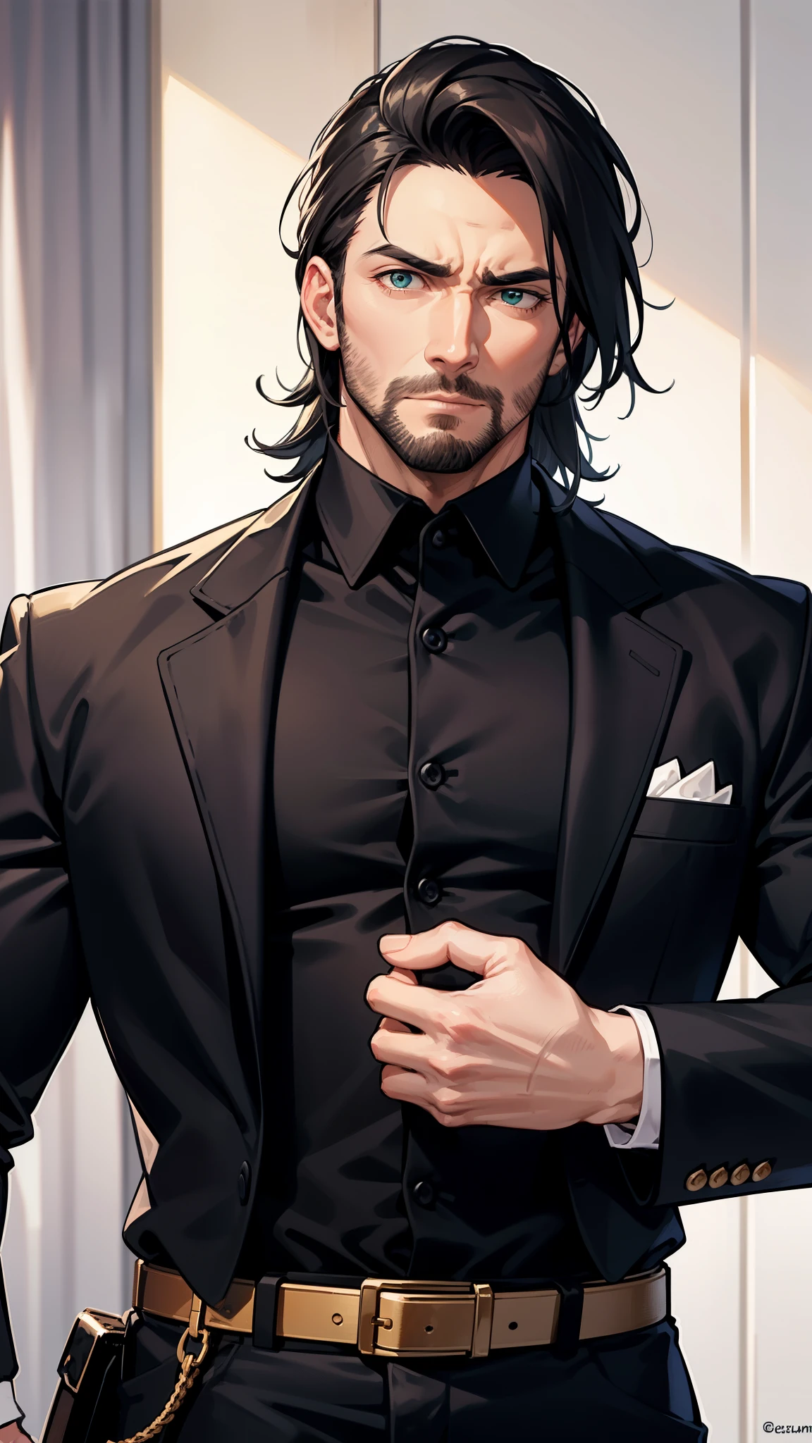 Imagine a 34 year old man, a big strong and muscular man, with a serious and cold expression, he has black hair and a very elegant beard, he has green eyes, and he is wearing an elegant black formal knight costume, he is in of a castle