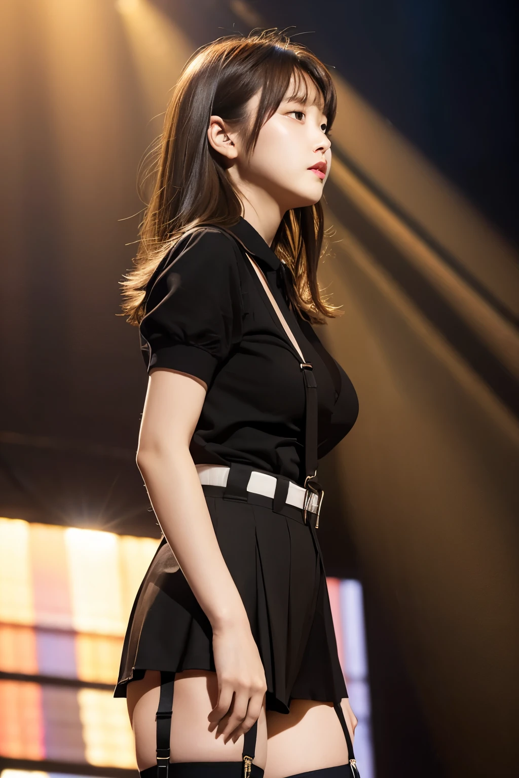 masterpiece、Flat Color、Depth of written boundary、Lens Flare 1 Girl、、Brown Hair、Staring at the audience internal Black suspenders bulging big breasts 両手のside wall: Black trousers, sight Small face side Skirt garter belt Beautiful skin Smooth skin