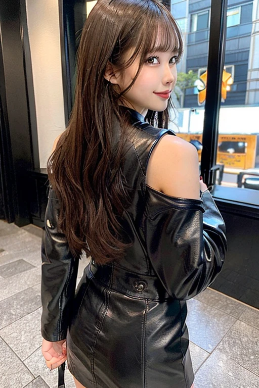 She is wearing a black leather jacket. She has a very beautiful back. Back view. Very beautiful butt. Model-like Japanese girlfriend. Japanese girl. The background is a hotel. She is wearing a tight black leather miniskirt. Very beautiful brown haired girlfriend. She is wearing a leather black jacket. She has a very beautiful back. She has a very beautiful butt. She is wearing a tight black leather miniskirt. Looking back. Smiling. Brown hair. Bangs. Ulzzang hair. NSFW.