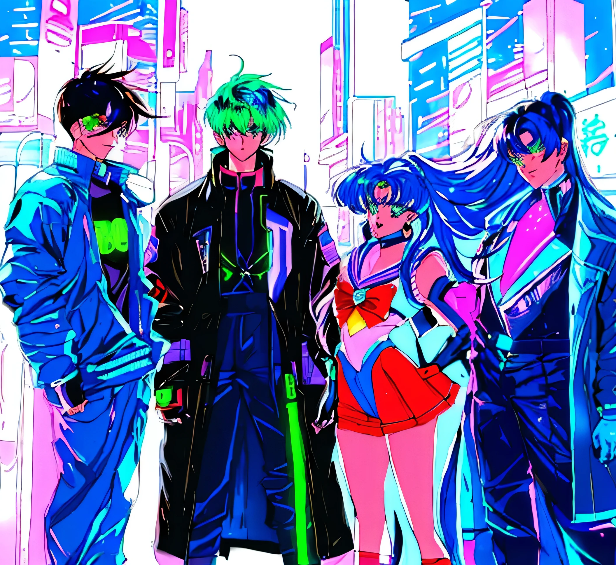 4 people standing on the neon city, 80s anime style, cyber punk, Neon city at night, sailor moon