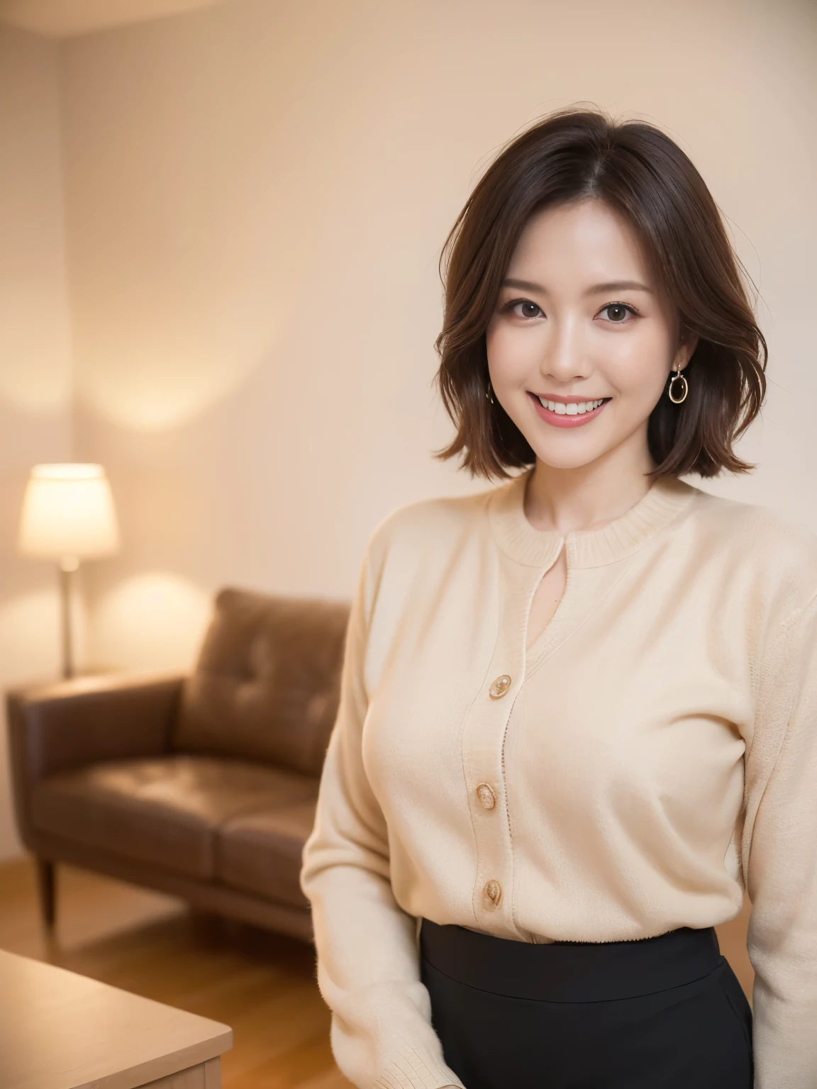 (highest quality、Tabletop、8k、Best image quality)、38-year-old mature woman、(Upper body photo:1.1)、（Knitted dress、Casual and elegant clothing colors、Elegant and precise attire、Elegant colored cardigan、A tight skirt in an elegant color）、Standing in the living room of the most luxurious apartment、See you in the living room、(The most natural and practical furniture arrangement:1.1)、Perfect ???????、Beautiful natural makeup、A gentle smile looks at me、Short black hair、Graceful posture、Very bright and clean、Blurred Background、D cup ???????